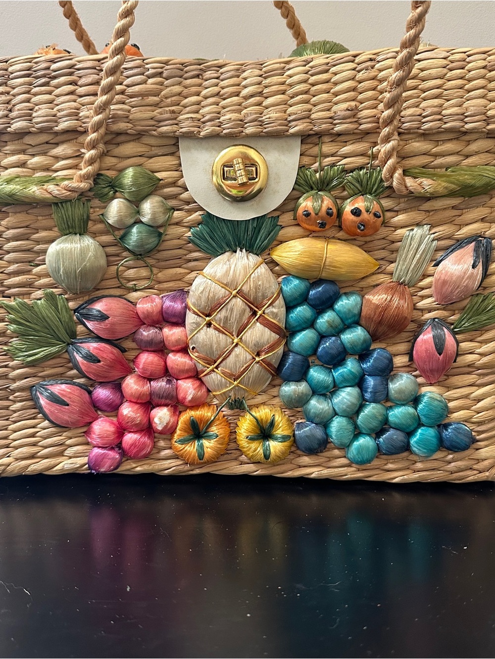 Vintage Multicolor Straw Tote with Fruit Embellishments